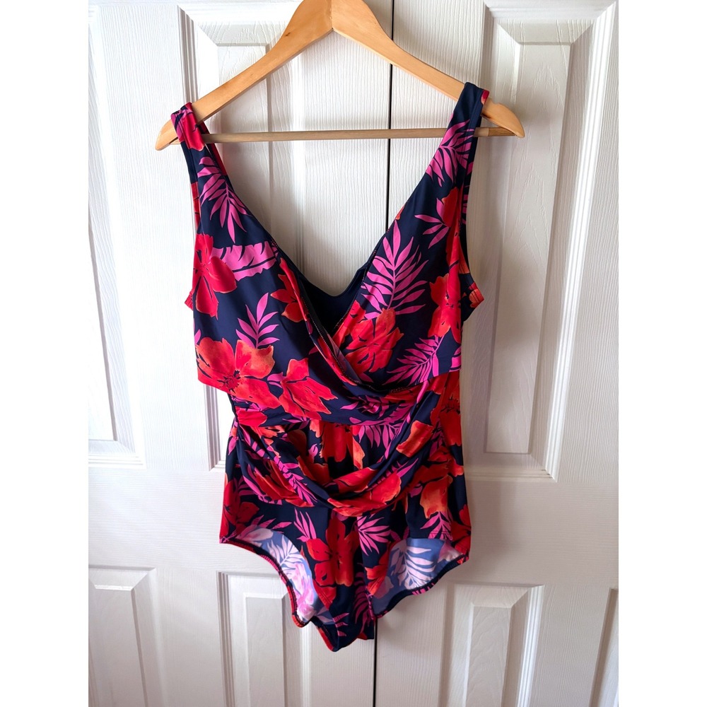 LANDS' END Navy Red Tropical Floral SlenderSuit Wrap One Piece Swimsuit 18